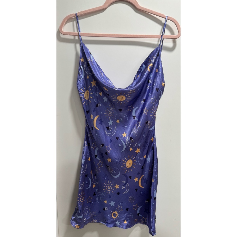 Zara Purple Celestial Sun Moon Star Satin Cowl Neck Mini Dress Small NWT